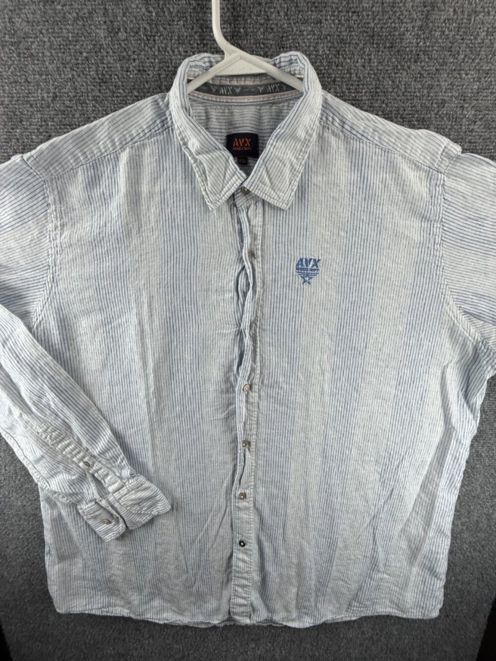 Avirex 2XL Linen Cotton Blend Long Sleeve Button Up Shirt Striped Blue Men Logo